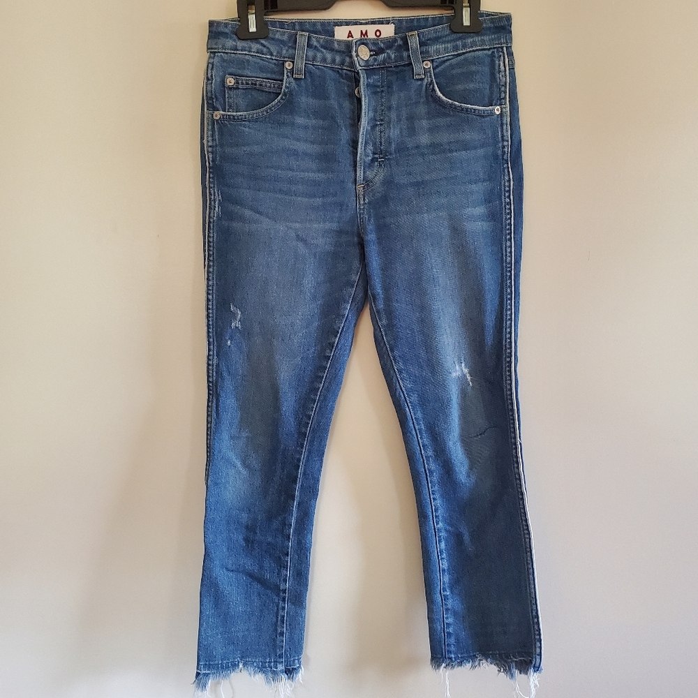 AMO Denim Raw Hem Medium Wash Blue Jeans White Piping Ankle Cropped Size 28